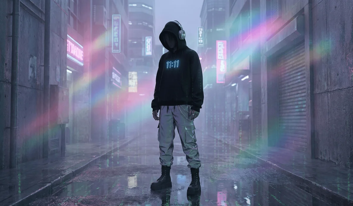 Gen Z spiritual aesthetic featuring a black 1111 angel number hoodie in an urban, Y2K-inspired setting with holographic lighting.