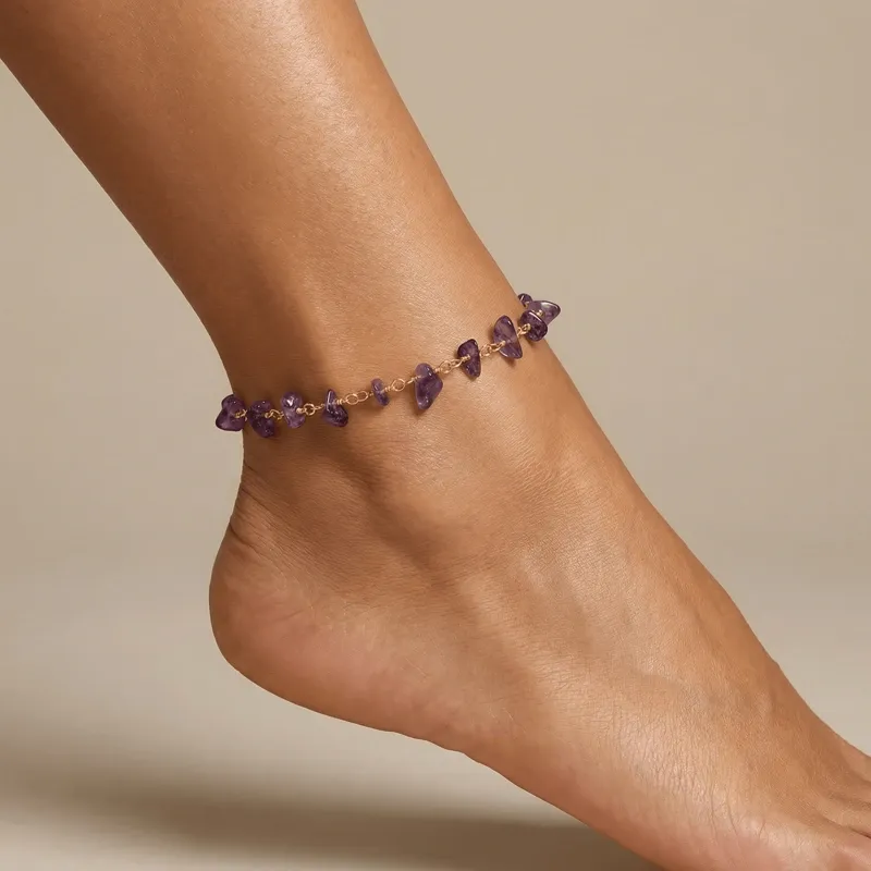 Amethyst 18K Gold Plated Copper Anklet for Inner Wisdom & Focused Clarity