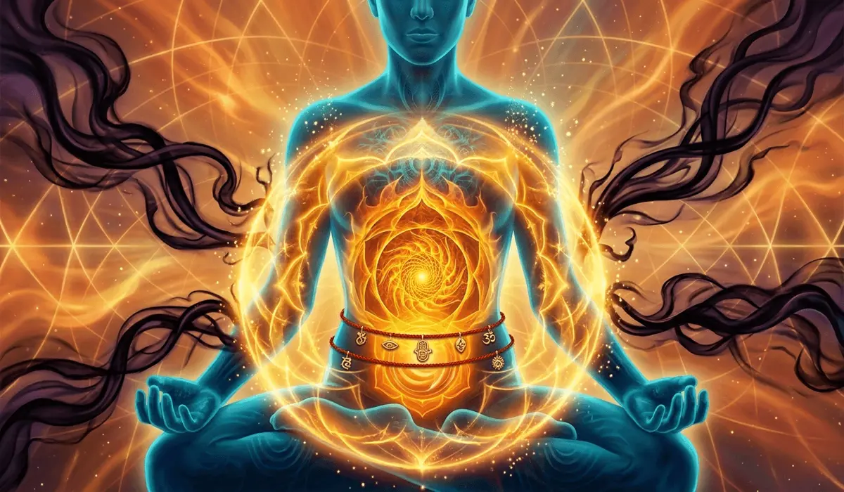 Digital art representing a red string belly chain as a spiritual shield for the sacral and solar plexus chakras against negative energy.
