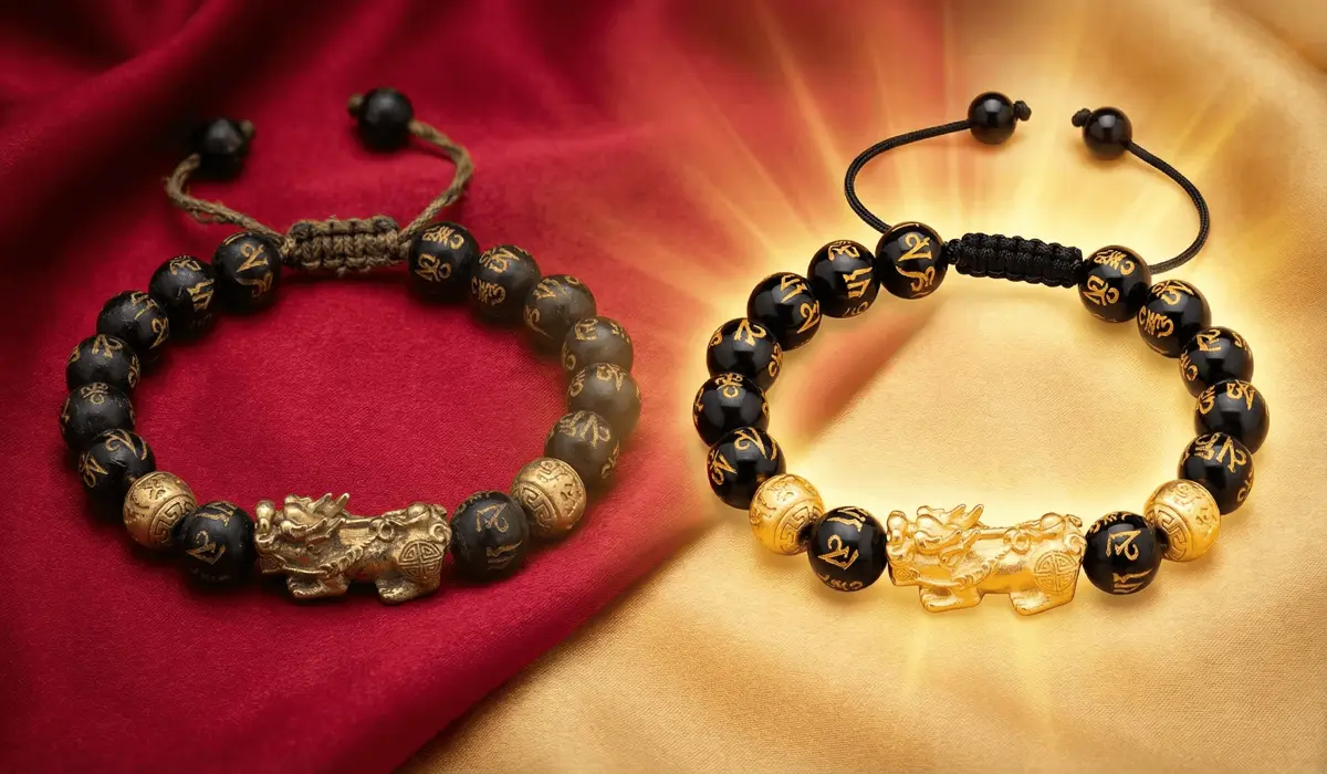 Comparison between an old, energetically depleted Feng Shui bracelet and a new one, symbolizing the cycle of spiritual refreshment and replacement.