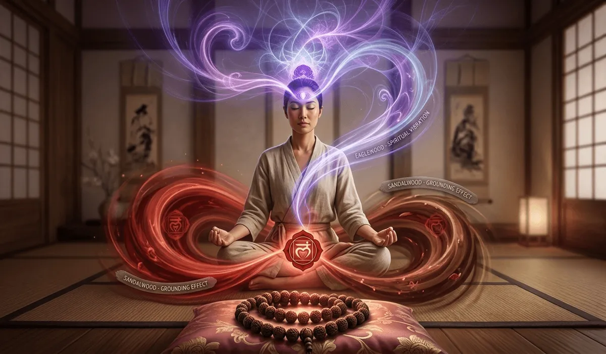 Meditation visualization showing grounding root chakra energy for Sandalwood and spiritual crown chakra energy for Eaglewood.