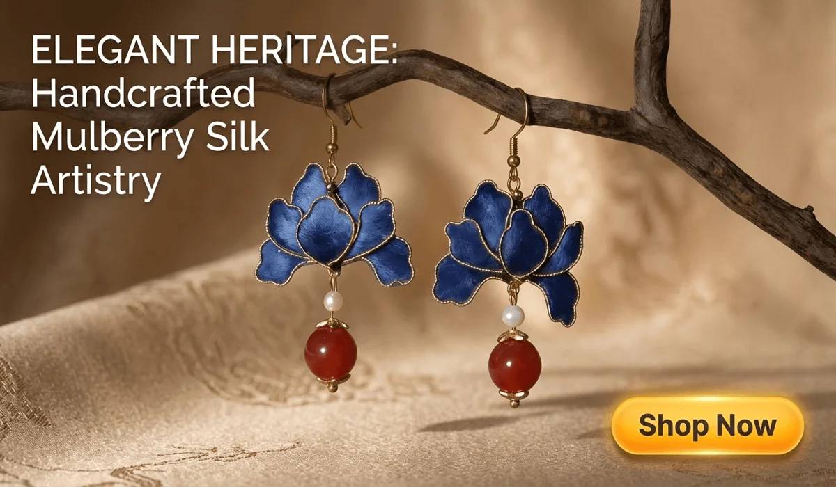 Imperial Azure Blossom Mulberry Silk and Agate Earrings - Handcrafted Vintage Oriental Style Jewelry for Elegant SEO Blog Content