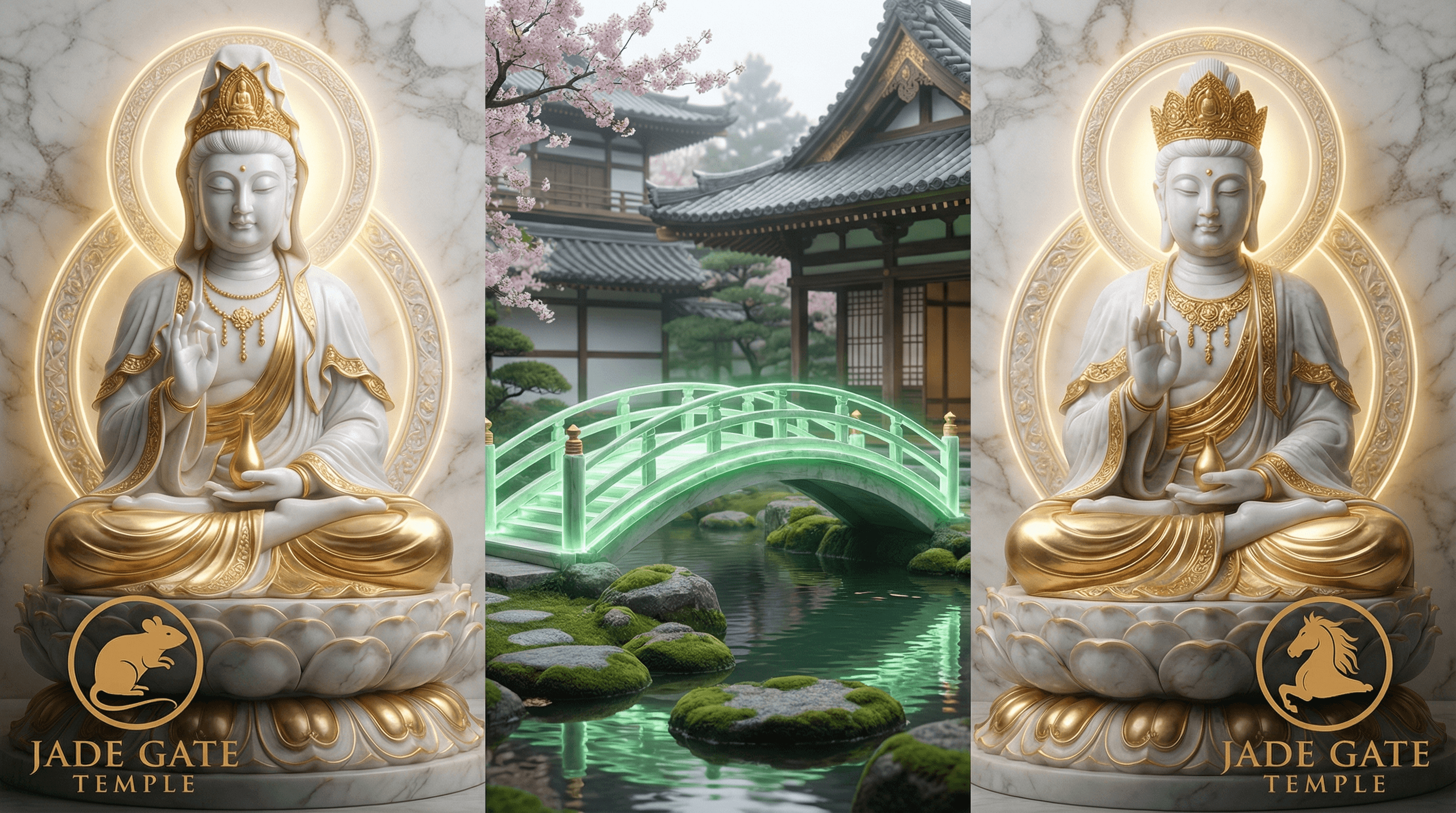 Guardian Buddhas Avalokitesvara and Mahasthamaprapta representing spiritual protection for Rat and Horse zodiac signs.