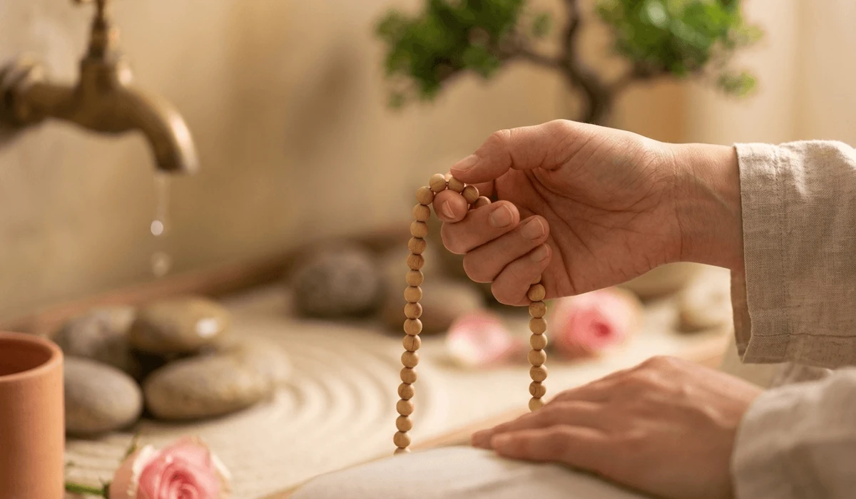 A practitioner using 108 wood mala beads for mantra recitation and japa meditation.