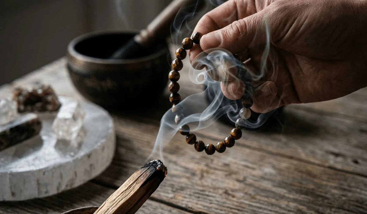 A ritual cleansing of a wrist mala using Palo Santo smoke and a selenite charging plate to reset spiritual energy.