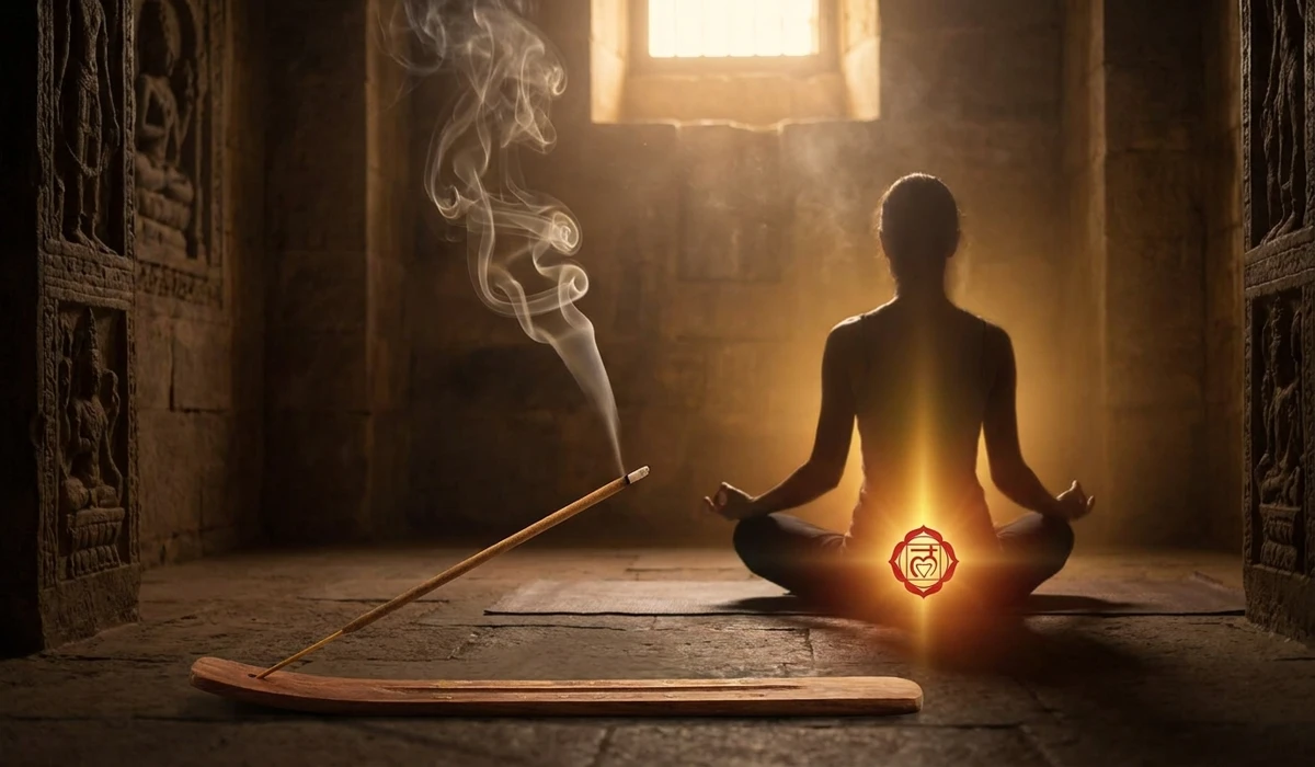 Spiritual representation of sandalwood fragrance promoting grounding and Root Chakra alignment during meditation.