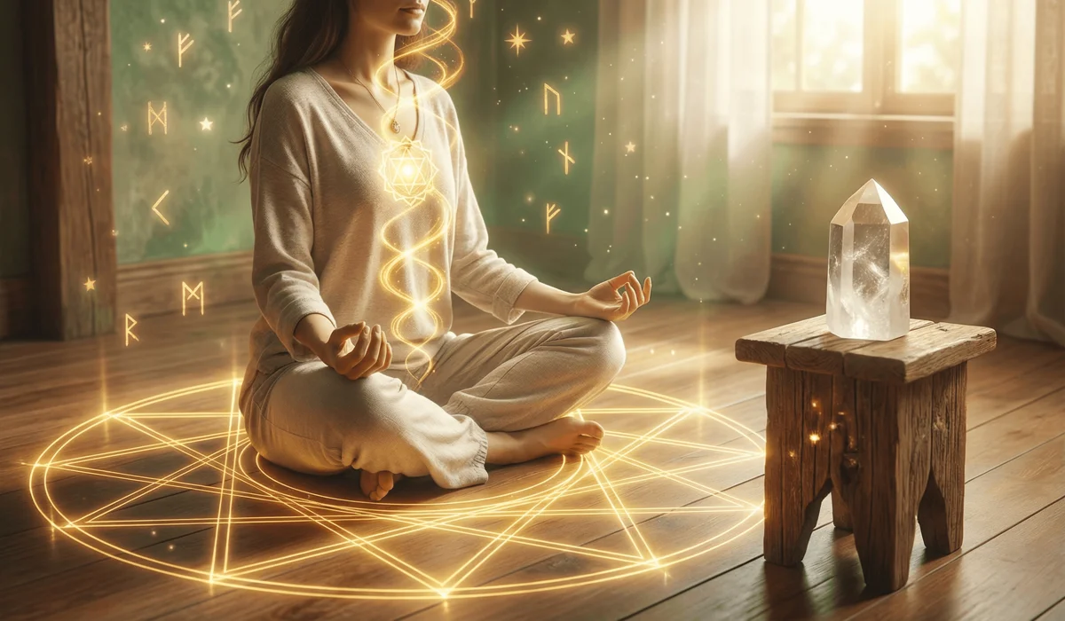 Meditation ritual with a 12-pointed crystal grid for manifesting the energy of angel number 1212.