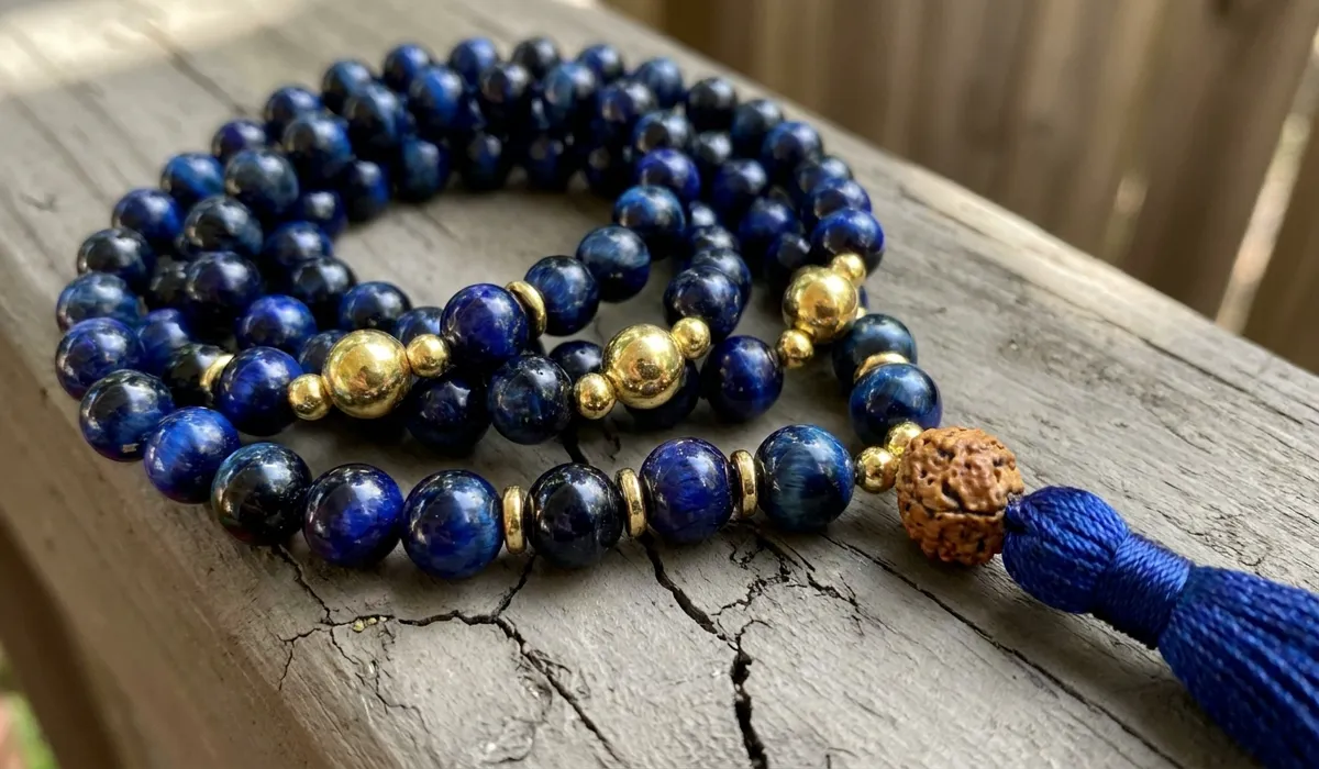 A close-up shot of authentic Blue Tiger Eye mala beads showing the chatoyant silky luster and hand-knotted craftsmanship.