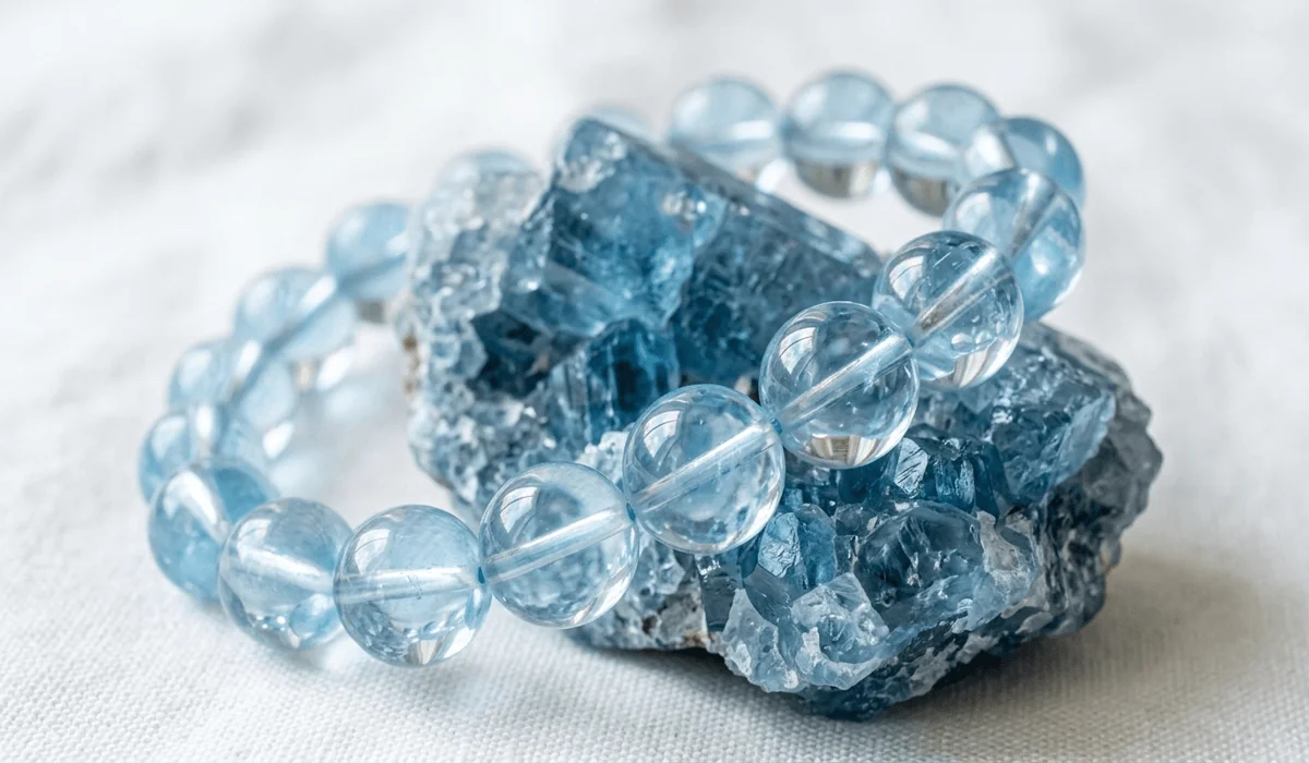 Close-up shot of a high-quality aquamarine bead bracelet showing the translucent blue beryl mineral composition and vitreous luster.