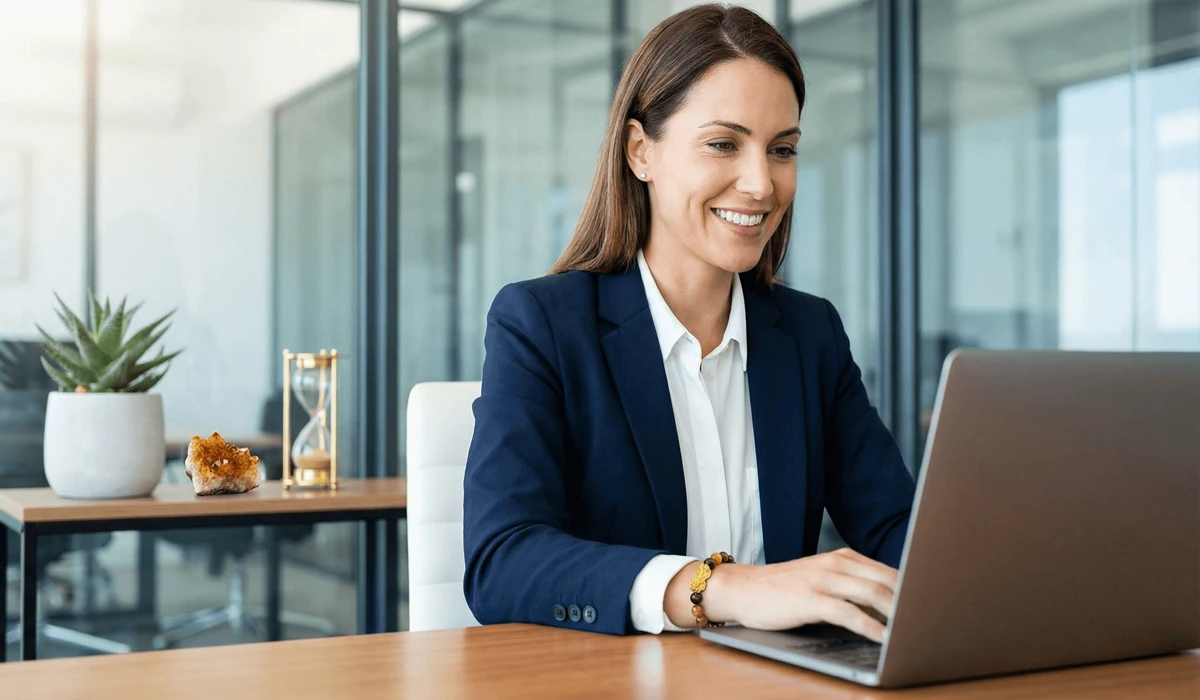 A professional wearing a Pixiu bracelet to boost confidence and attract financial success in a business setting.