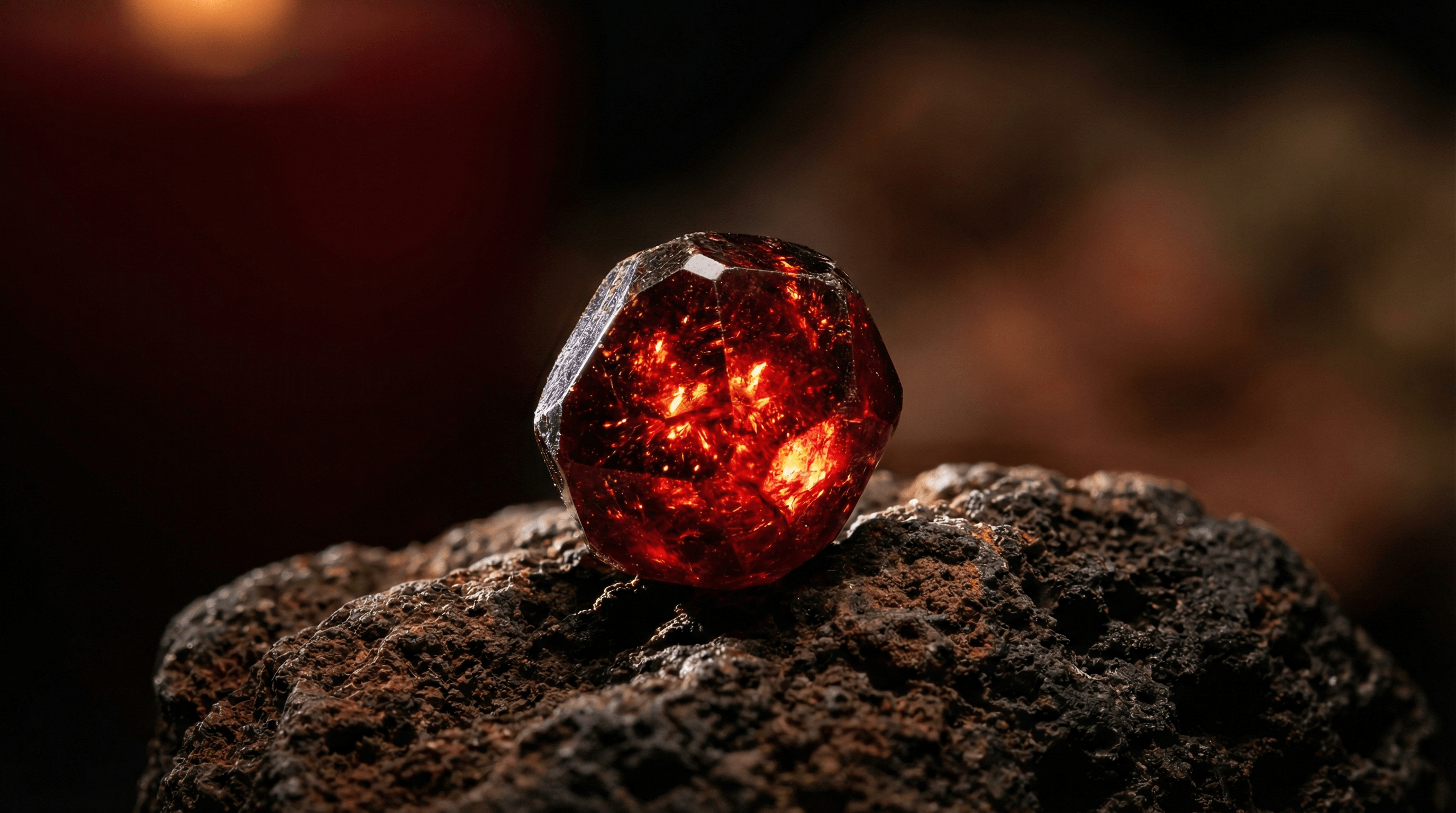 Close-up of a deep red garnet gemstone on volcanic rock, symbolizing the Fire Horse year's elemental balance of passion and grounding.