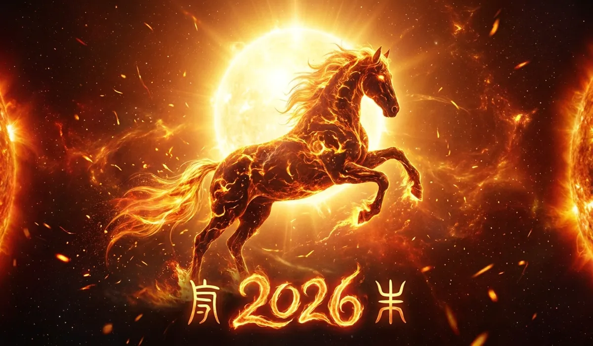 Conceptual Li Fire energy 2026 represented by a flaming horse silhouette and a bright sun.