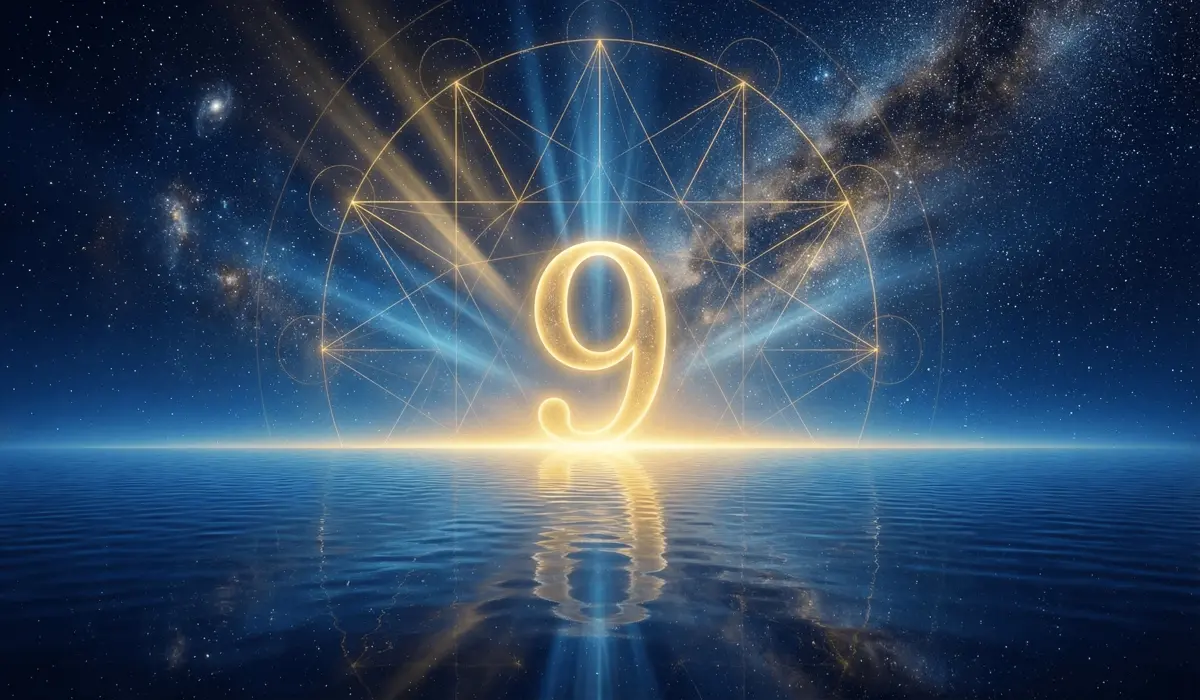 An artistic representation of the number 9 at the horizon line, symbolizing the Pythagorean Ennead and the boundary between the material and infinite realms.