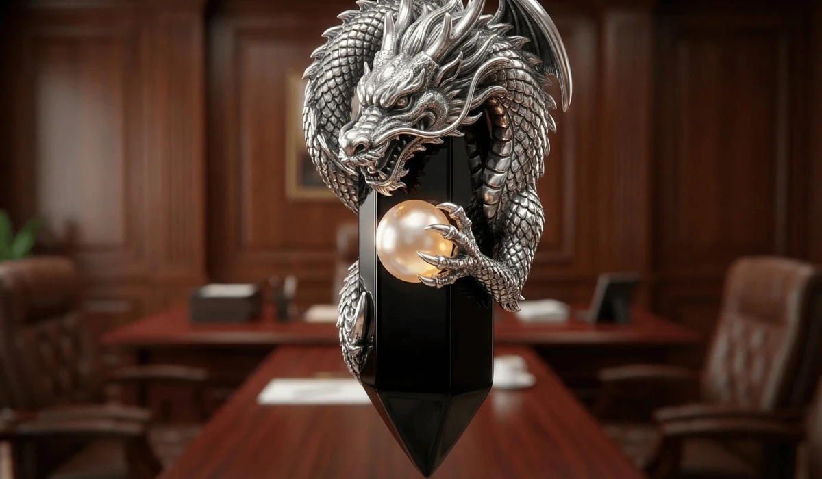 Detailed sterling silver dragon pendant with obsidian gemstone, symbolizing leadership and professional authority.
