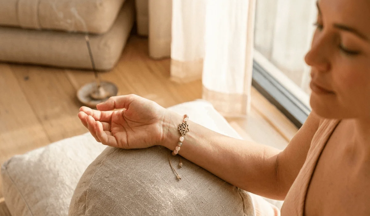 A person wearing a lotus bracelet on their left hand as a mindfulness anchor during meditation for internal spiritual growth.