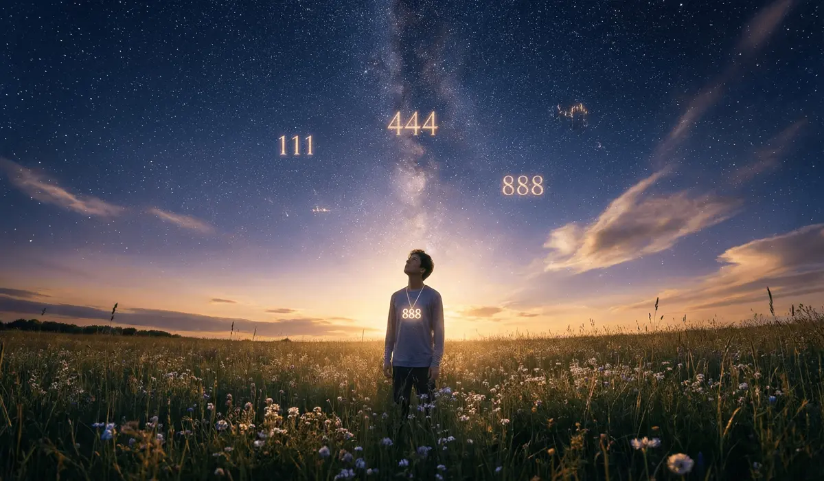 A person connecting with divine frequencies under a starry sky with glowing angel numbers in the atmosphere.