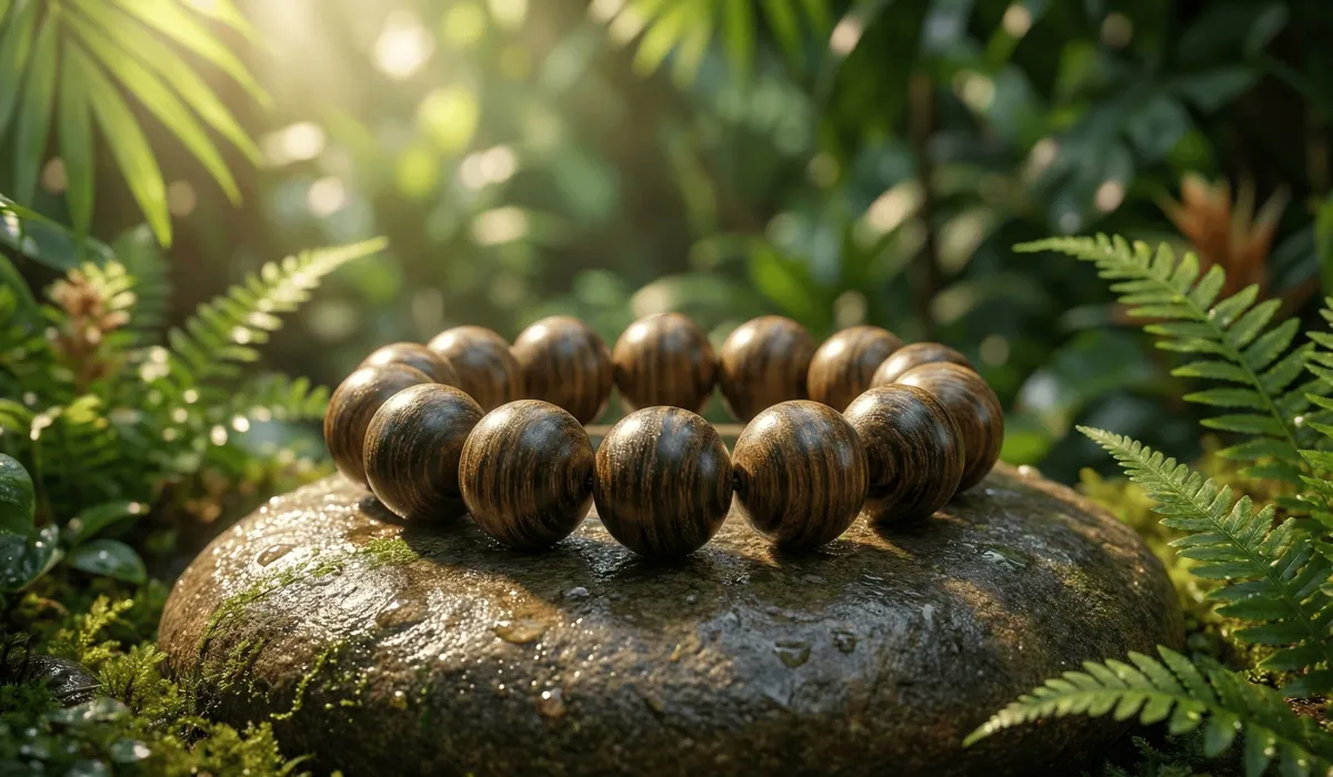 High-quality Eaglewood Agarwood bracelet with dark resinous beads showing natural grain patterns.