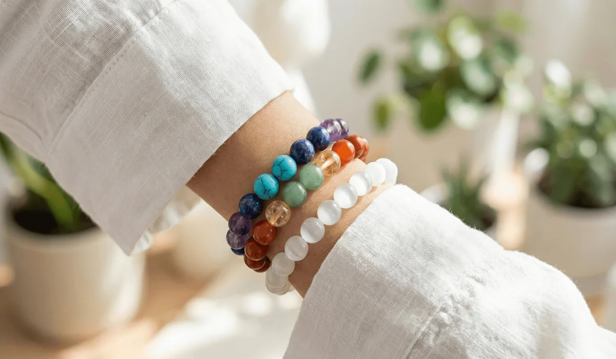 Close-up of a Selenite crystal bracelet worn for spiritual protection and emotional balance in a serene setting.