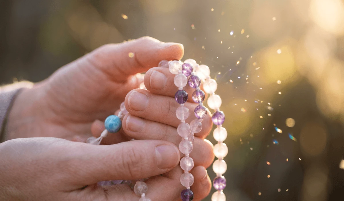 Macro photograph of a 108 bead natural crystal gemstone Japa Mala held for mantra counting and energy amplification