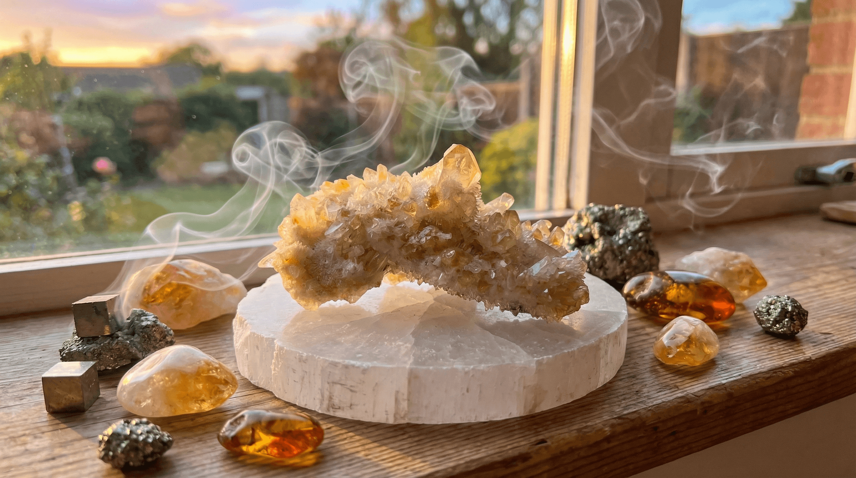 Yellow healing stones like Citrine and Pyrite being cleansed with sage smoke and charged in natural sunlight on a Selenite plate.