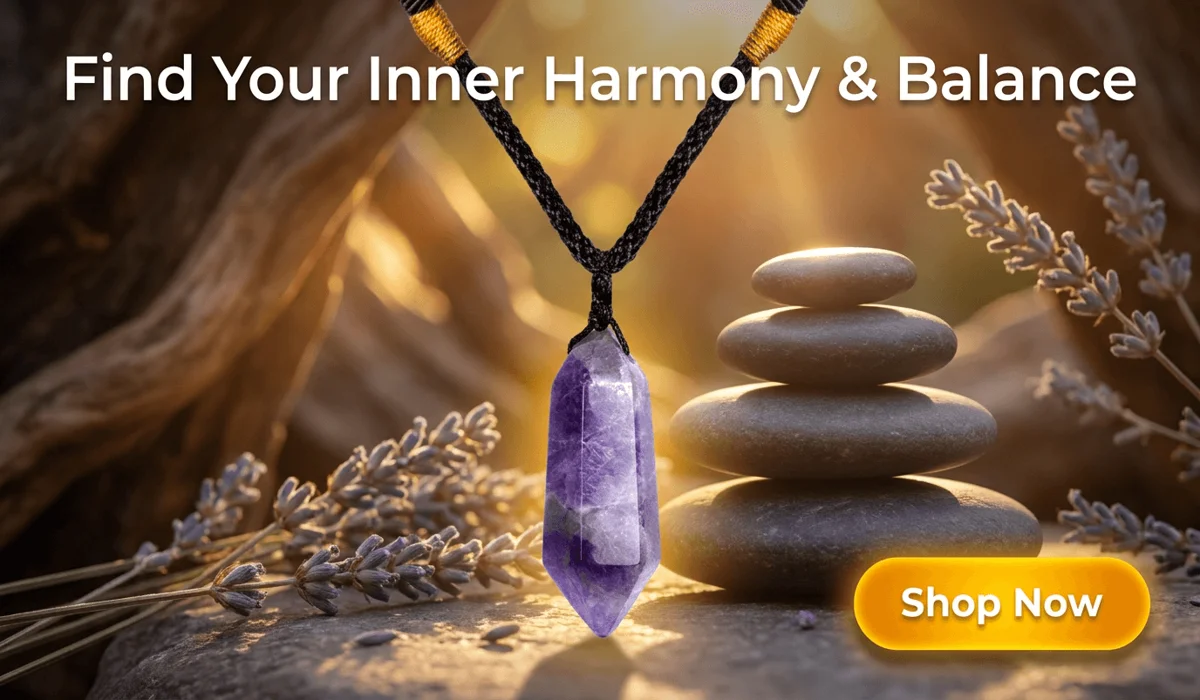 Amethyst Serenity Necklace - Purple crystal pendant for spirit and balance featured on a zen lifestyle blog illustration with Shop Now button