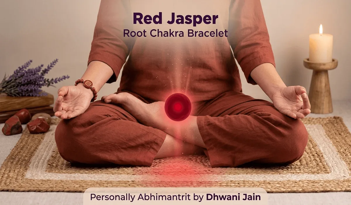 Spiritual visualization of a Red Jasper bracelet aligning the Root Chakra during meditation for emotional stability.