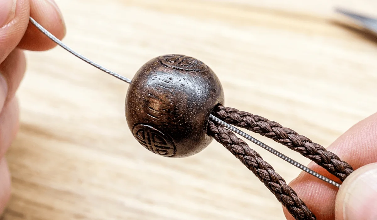 Detailed macro shot of stringing a three-holed wood guru bead using a flexible wire needle.