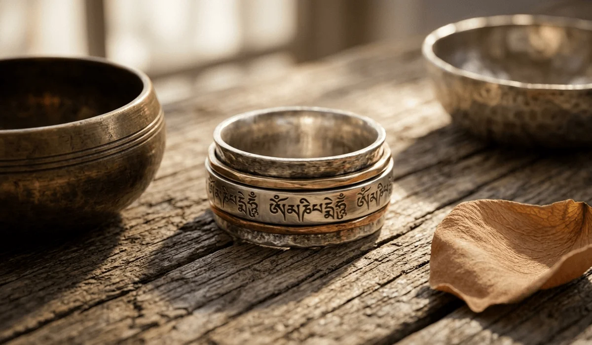 A detailed close-up of a silver spinning mantra ring with sacred Sanskrit engravings on a wooden meditation table.