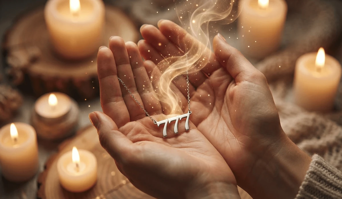 Hands holding a 777 angel number necklace during a manifestation ritual and intention-setting practice.