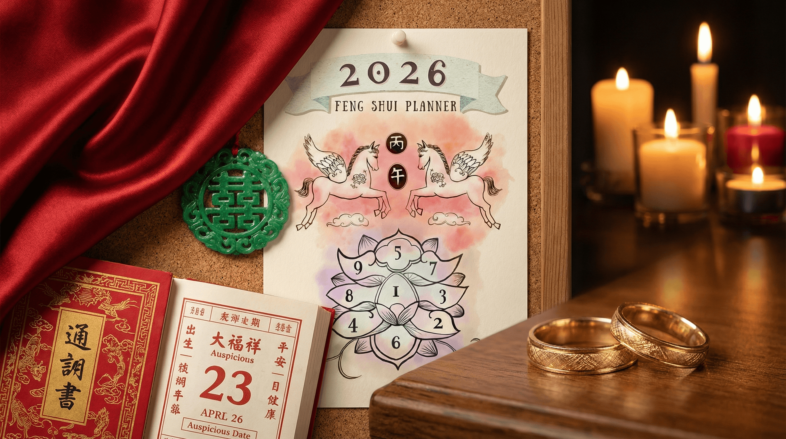 Feng Shui wedding planning elements for 2026 including traditional calendar, Fire element colors, and symbolic jewelry.