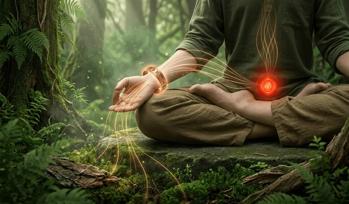 Visual representation of copper energy flow and Root Chakra balancing through a Tibetan copper bracelet during meditation.