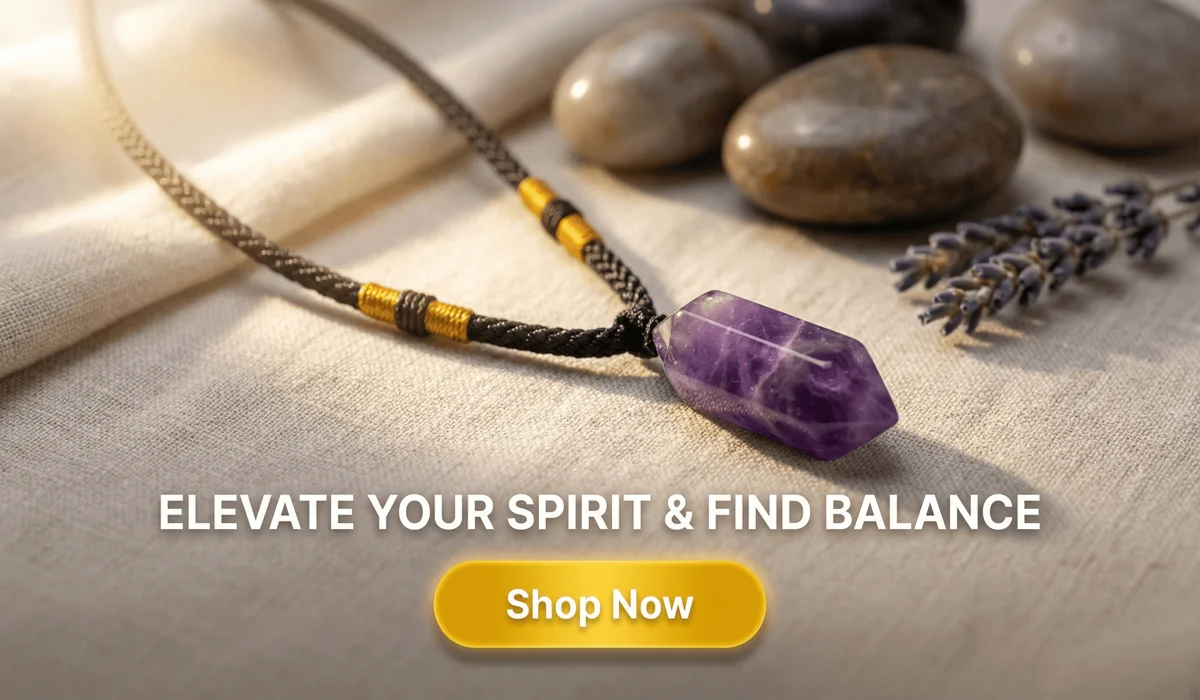 Amethyst Serenity Necklace - A spiritual purple crystal pendant for balance and inner peace, featured in a luxury zen-style blog illustration with a Shop Now button.