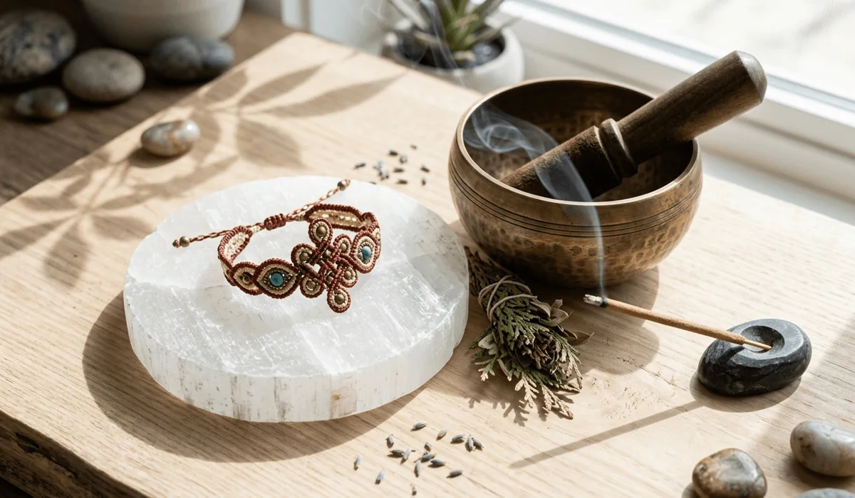 Endless knot bracelet resting on a selenite crystal plate beside a Tibetan singing bowl for cleansing and energy charging