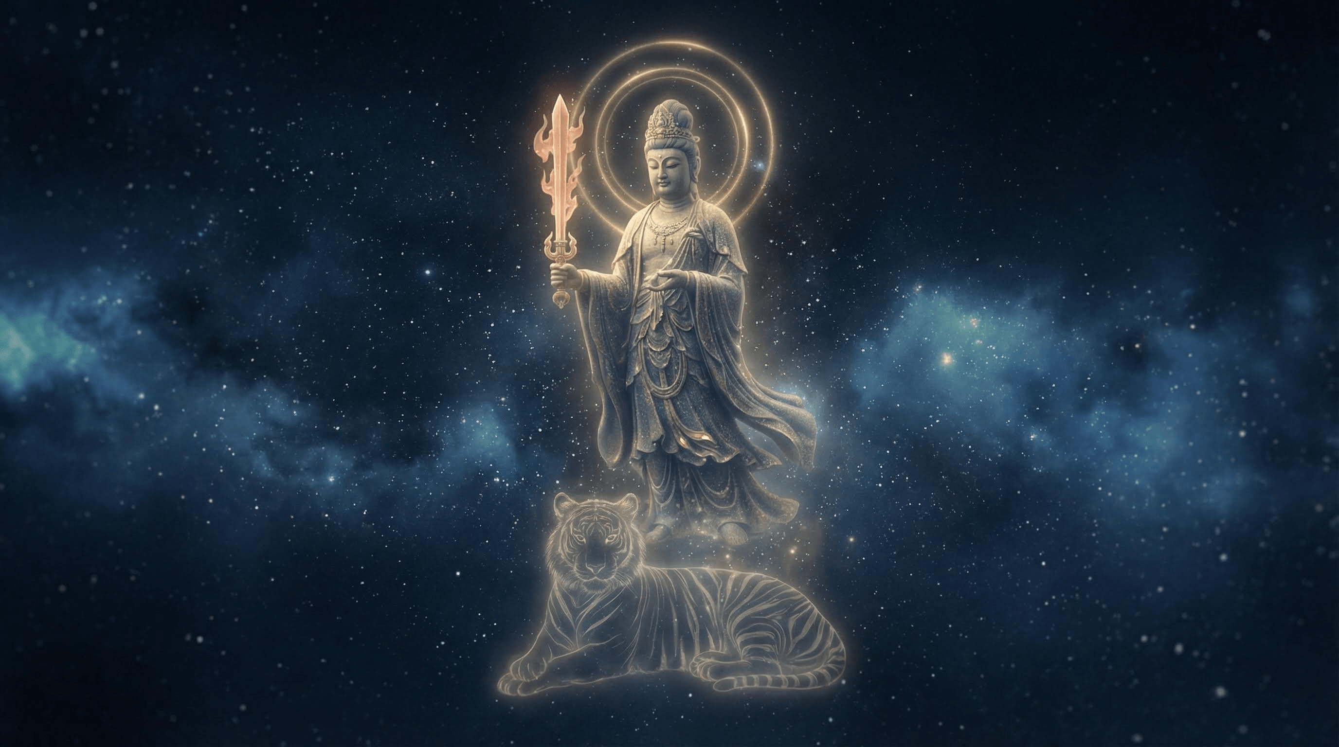 Akasagarbha Bodhisattva floating in a cosmic void with a Tiger silhouette, symbolizing spiritual protection and wisdom.