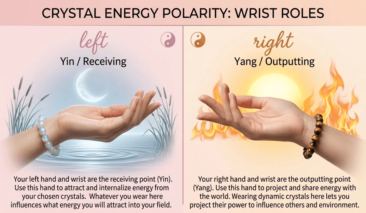 Comparison infographic of Left Wrist (Receiving/Yin) versus Right Wrist (Projecting/Yang) spiritual meanings.