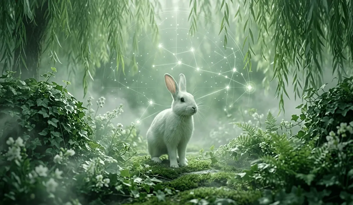 A spiritual representation of the Zodiac Rabbit sign in a lush Yin Wood spring garden with celestial star charts, symbolizing refinement and destiny.