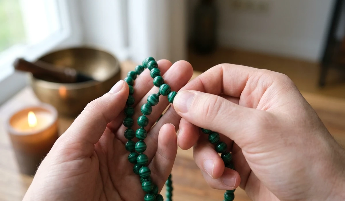 Close-up of hands using Malachite prayer beads for mantra recitation and spiritual focus.