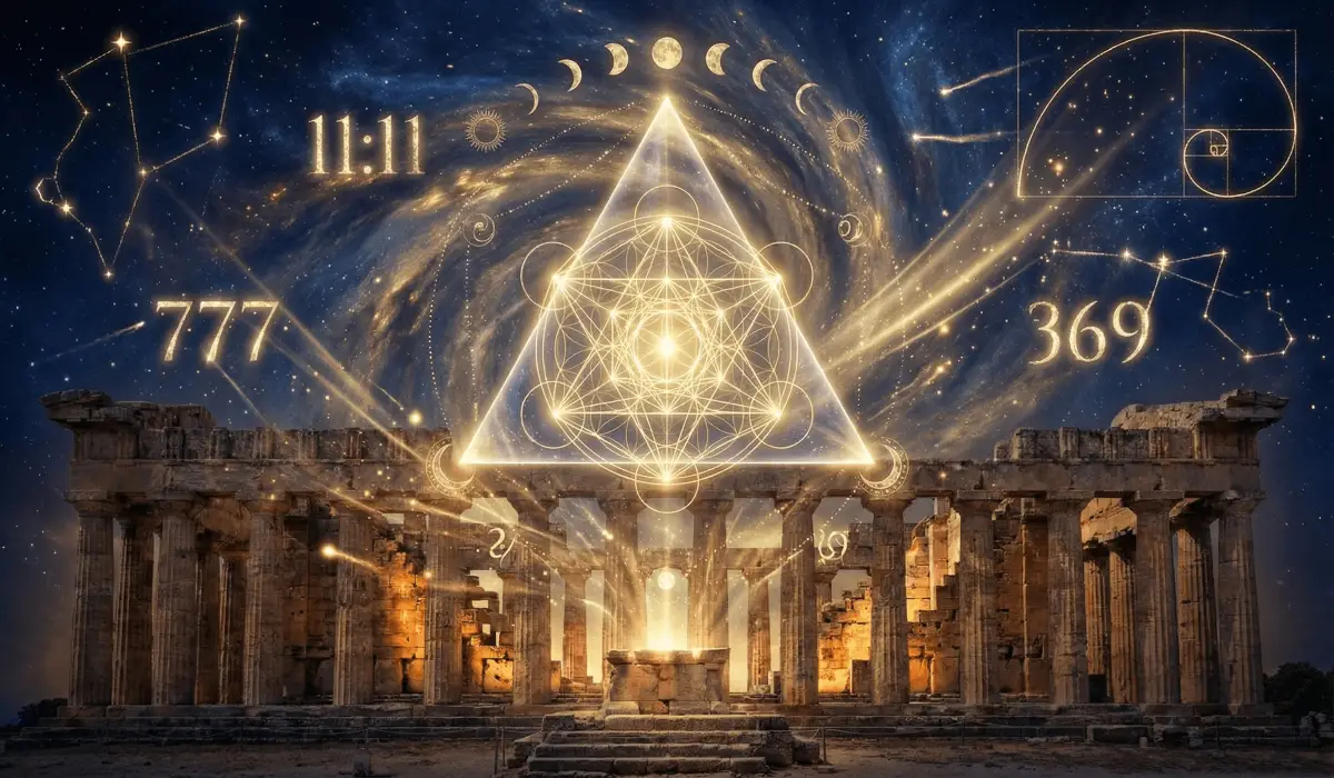 Ancient mystical geometry and golden angel numbers floating in a starry nebula sky above a spiritual temple, representing the Pythagorean origins of numerology.