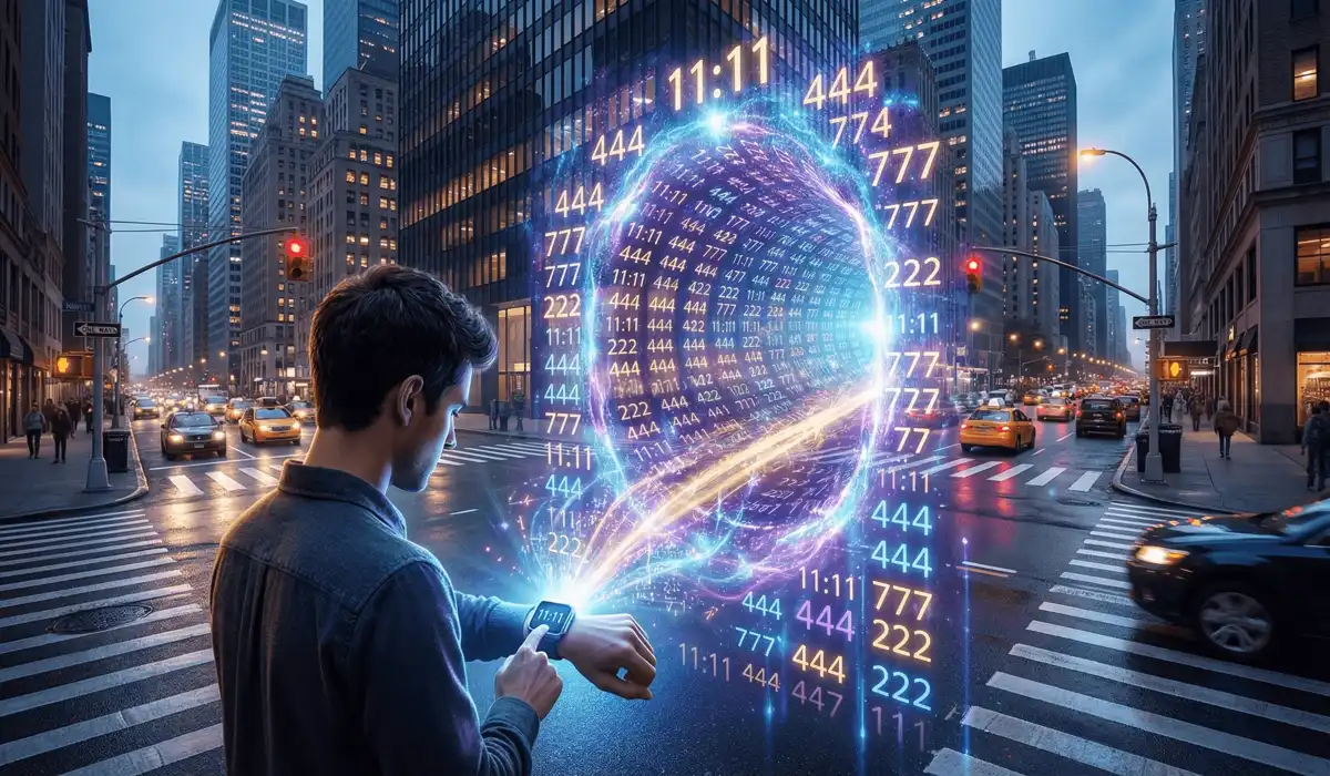 A person experiencing a spiritual synchronicity with the number 11:11 appearing as a glowing portal in a modern urban environment.