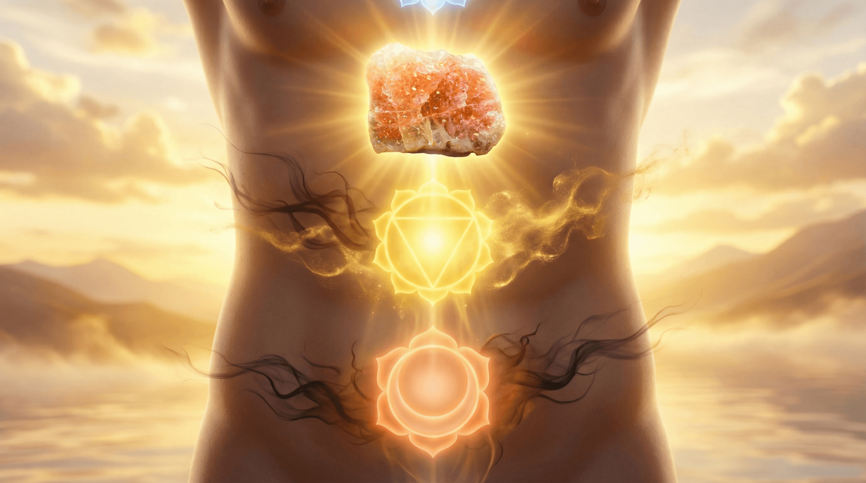 Sunstone crystal aligning the Solar Plexus chakra to boost personal power and emotional healing.