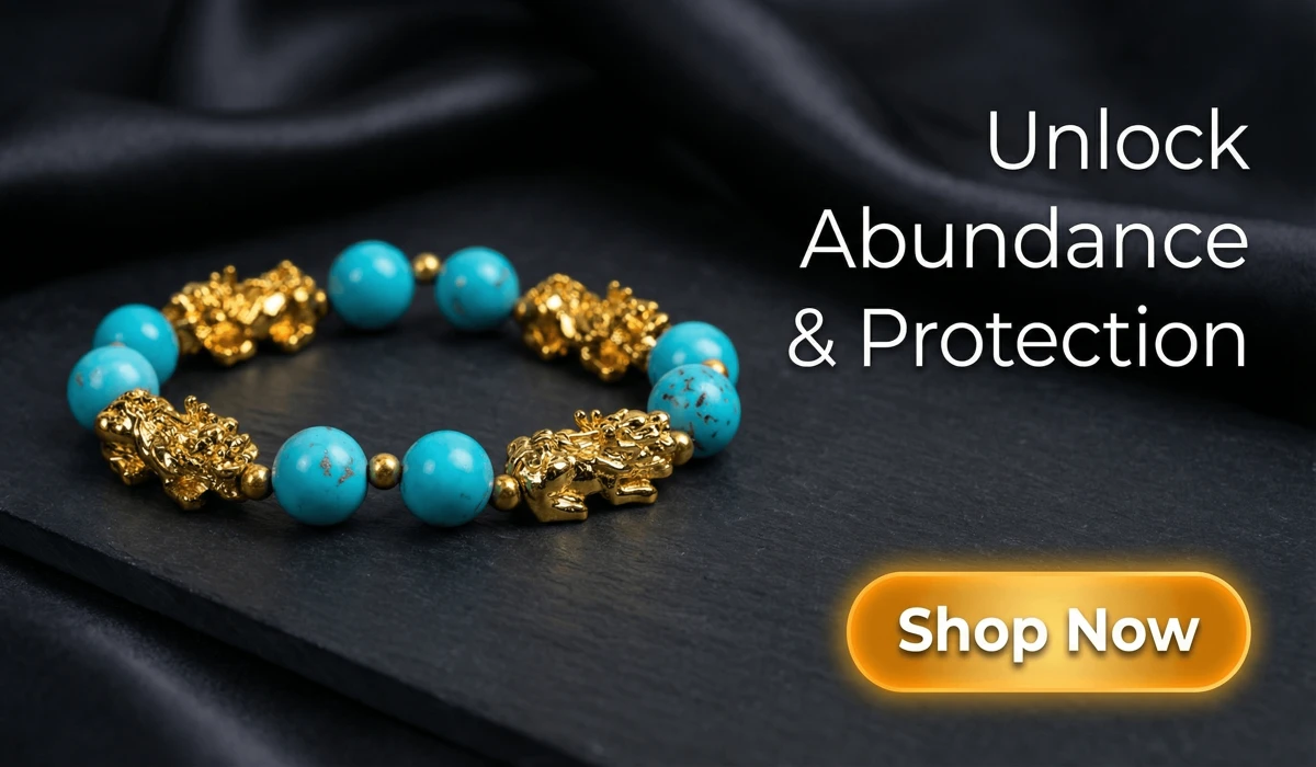 Wealth-Attracting 4 Pixiu Turquoise Bracelet on a luxury Zen background with a Shop Now button for prosperity and abundance blog post.