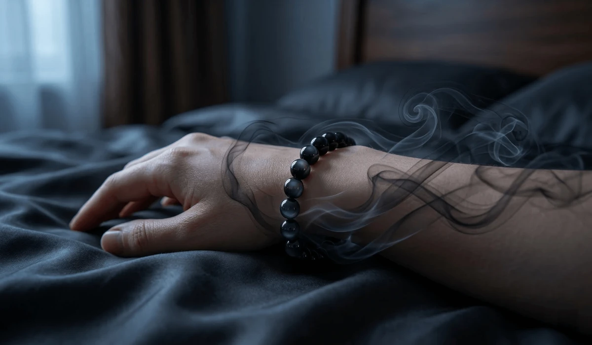 Black Obsidian bracelet on a wrist resting on silk bedding, symbolizing spiritual protection and grounding during sleep.