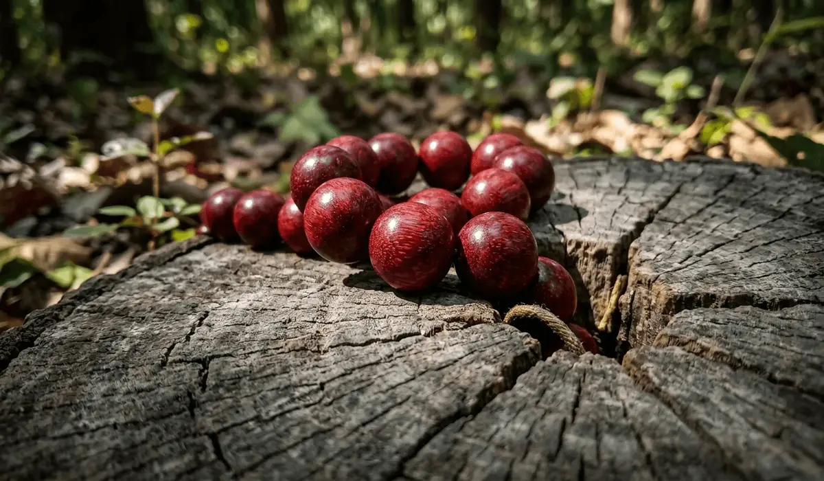 Close-up of authentic Small Leaf Red Sandalwood beads showing deep crimson color and dense grain texture.