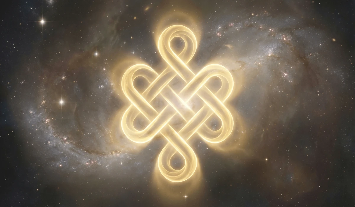 A glowing golden Endless Knot symbol floating in a cosmic background, symbolizing spiritual interconnectedness and the cycle of Samsara.