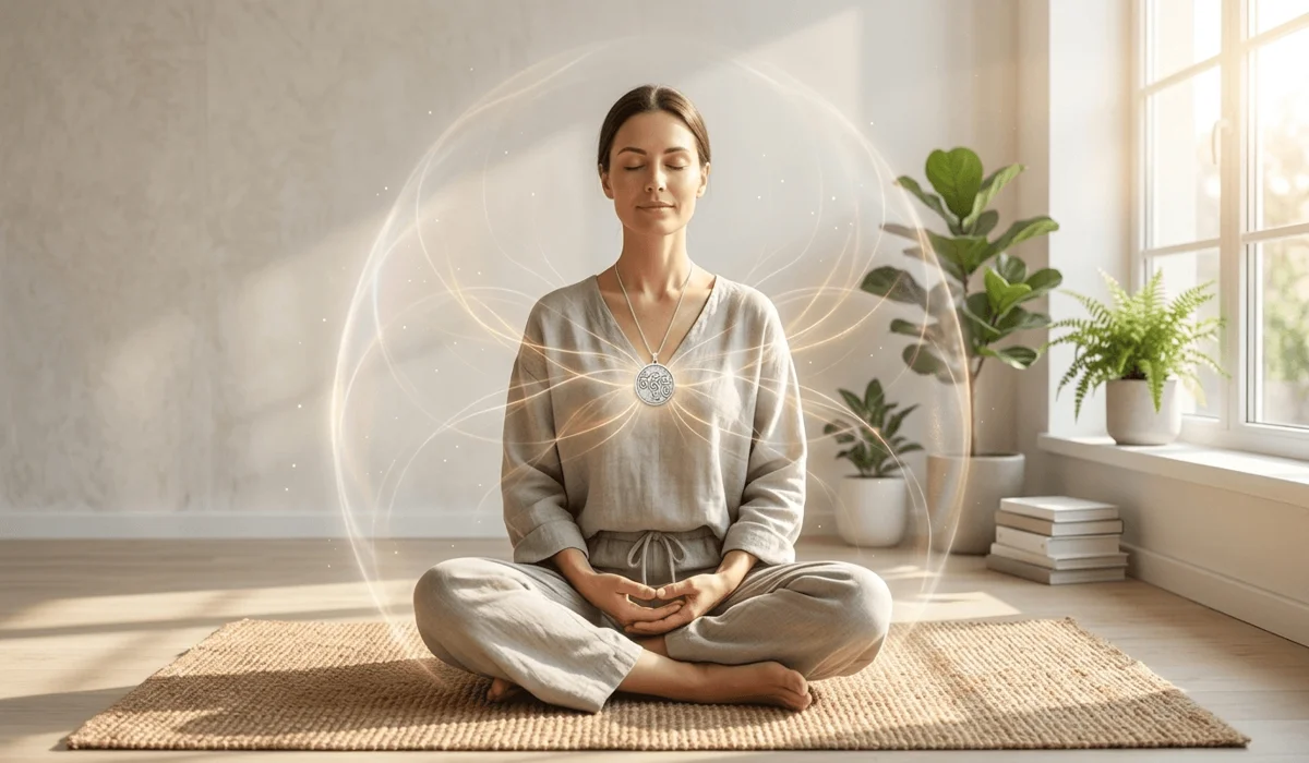 A woman meditating while wearing a mantra necklace for spiritual protection and heart chakra alignment.