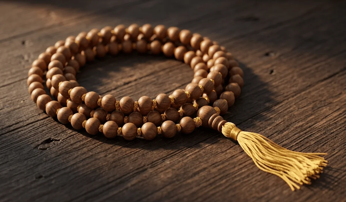 Close-up of a traditional 108-bead sandalwood mala necklace highlighting the sacred guru bead and tassel.