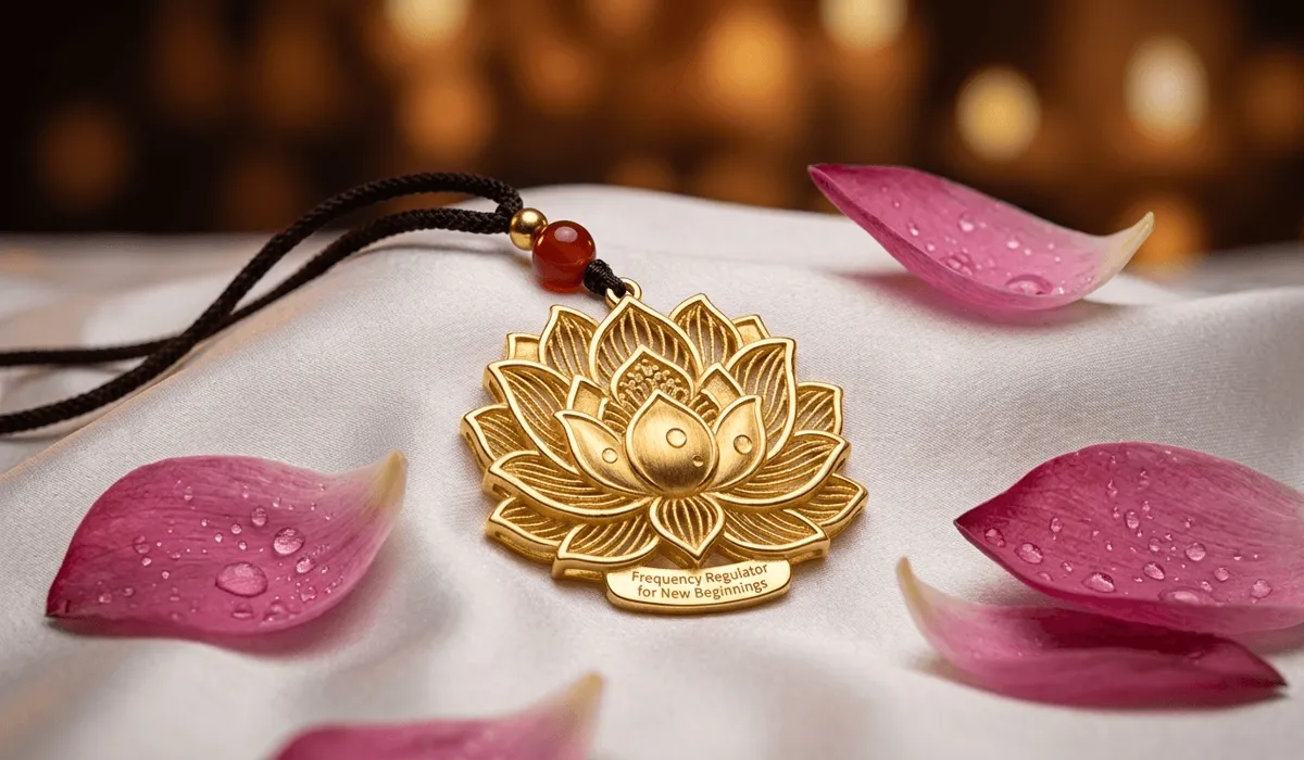 High-quality close-up of lotus flower jewelry on silk, symbolizing its role as a modern mindfulness anchor and spiritual talisman.