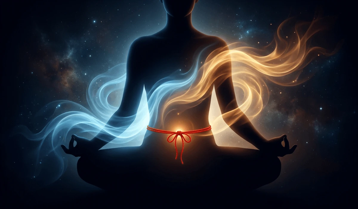 Diagram illustrating Yin left side receptive energy flow and Yang right side active protective energy flow for a red waist string.