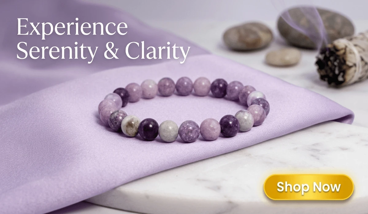 High-end product image of a purple Amethyst Bracelet for Inner Peace and Cognitive Clarity on a luxury silk and marble background with a Shop Now button.