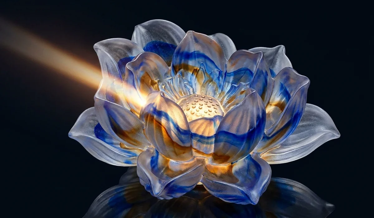 A detailed translucent Liuli glass lotus sculpture showing light refraction for meditation visualization.